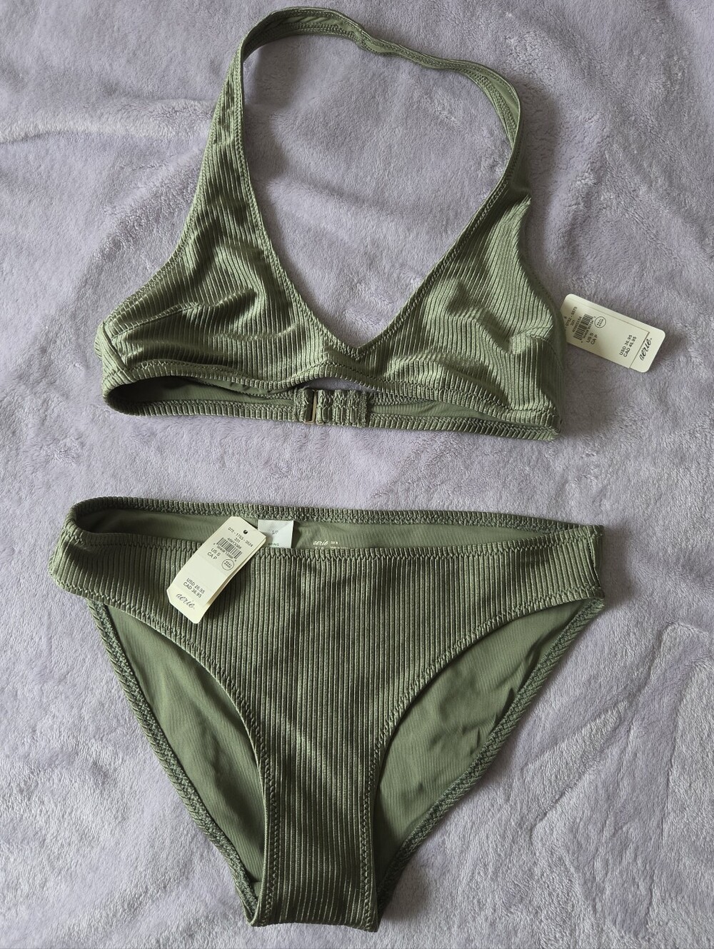 NWT Aerie Shine Rib Halter Bikini Set Olive Green Shimmer Two-Piece - Size S